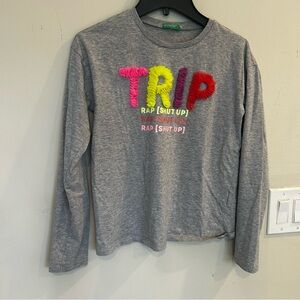 NWOT United Colors of Benetton Gray Long Sleeve Top Colorful Lettering size10-11